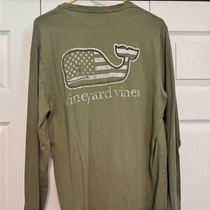 Army Green Vineyard Vines Longsleeve Tee with American Flag Whale